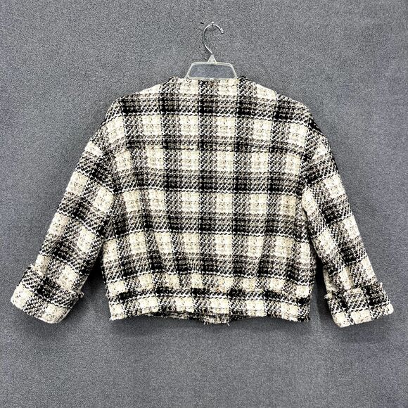 Zara Blazer Cropped Women Medium black beige Plaid Tweed Jacket Blogger Favorite - Picture 2 of 16